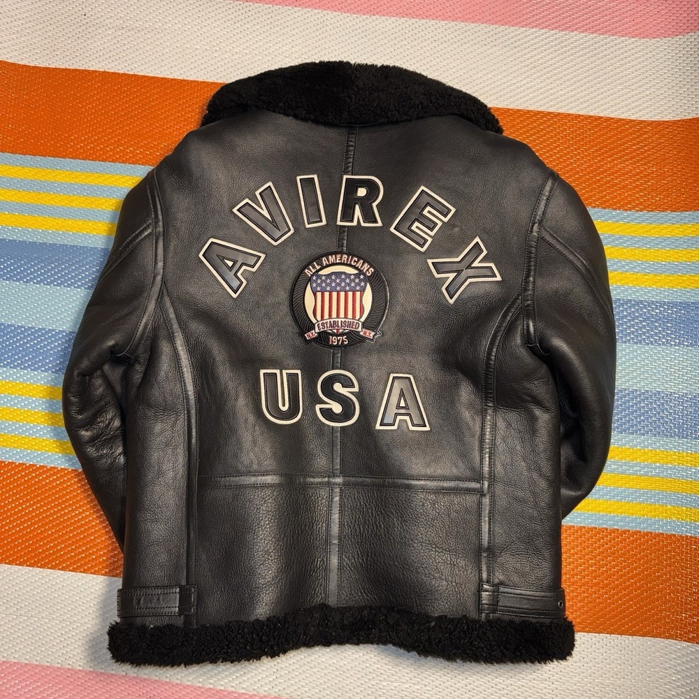 Avirex USA Sheepskin Shearling Lined Flight Bomber B-3 Jacket Black Men's Small - Picture 2 of 8